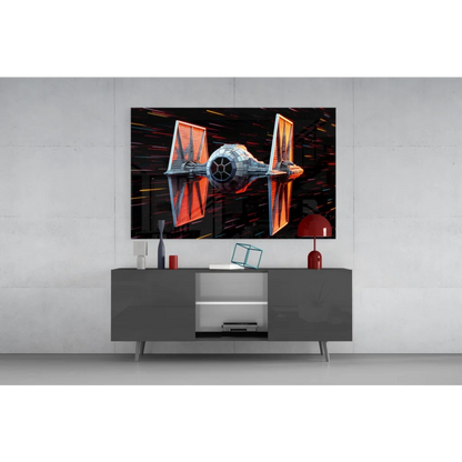 Sleek silver TIE Fighter glass wall art with glowing orange wings