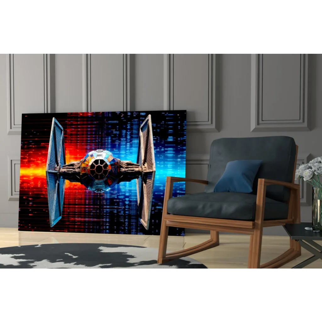 Vibrant Star Wars TIE Fighter glass wall art with cosmic red blue glow