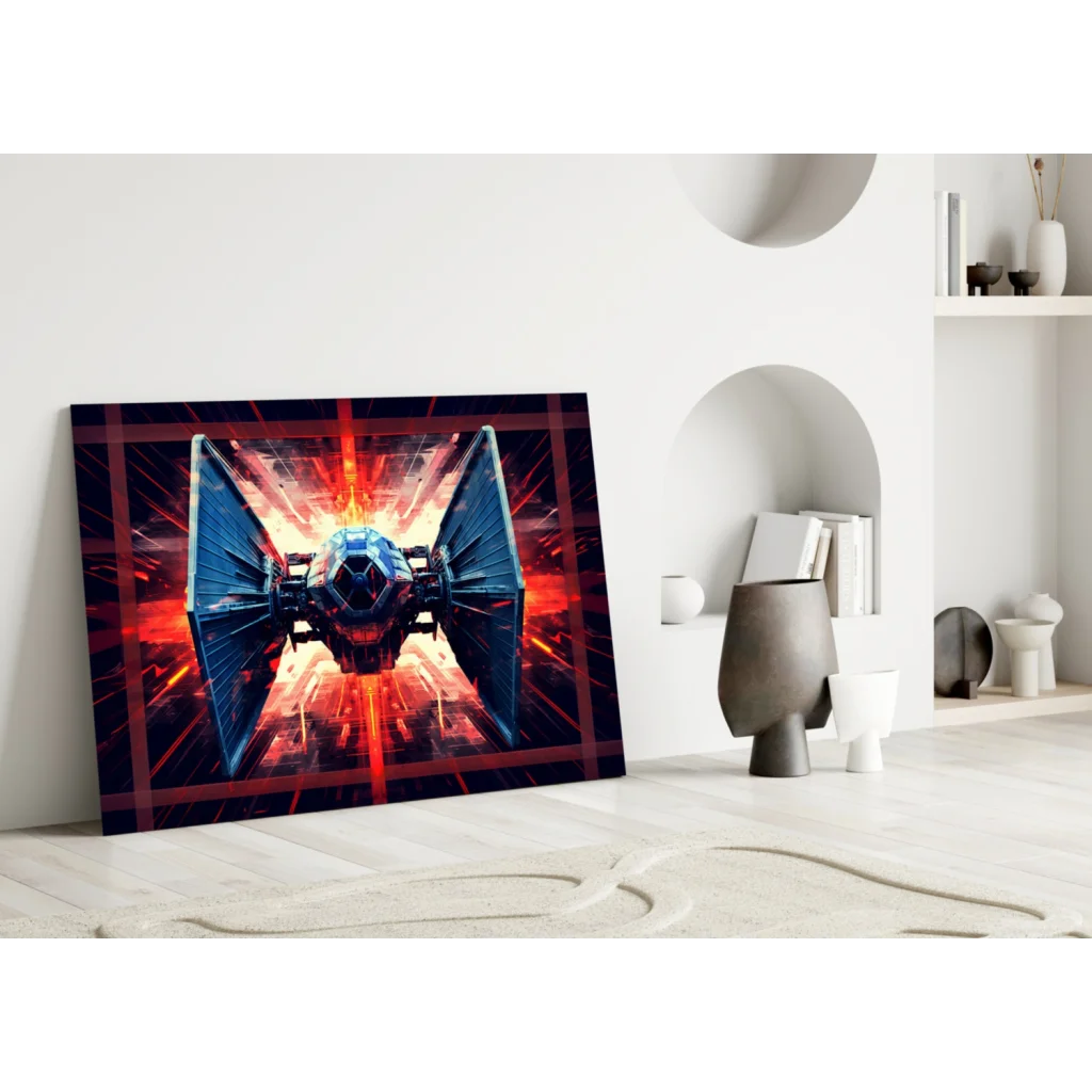 TIE Fighter glass wall art with epic energy glow on vibrant space backdrop