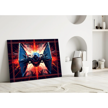 TIE Fighter glass wall art with epic energy glow on vibrant space backdrop