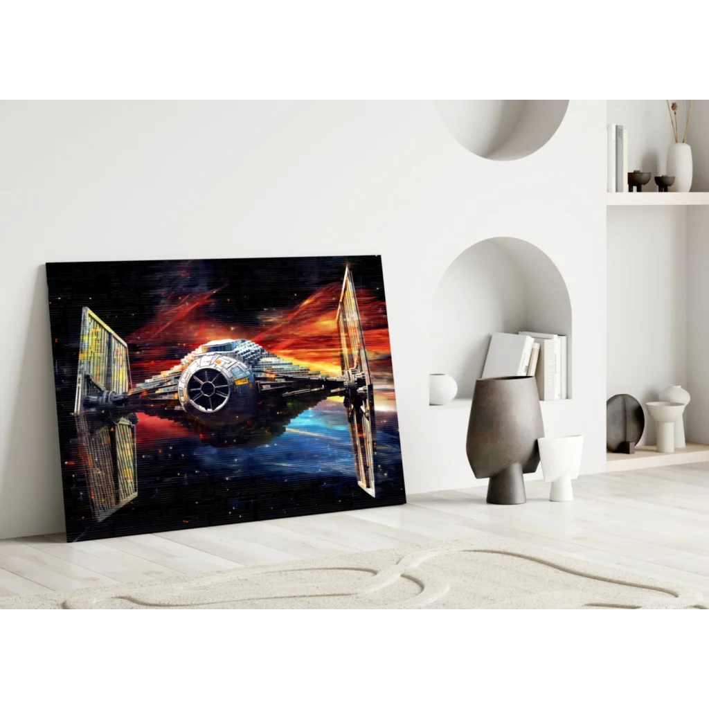 Vibrant Star Wars TIE Fighter wall art on fiery cosmic canvas backdrop