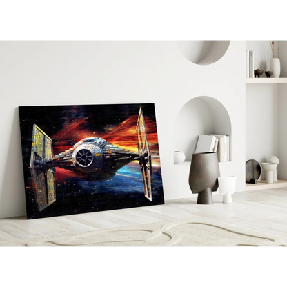 Vibrant Star Wars TIE Fighter wall art on fiery cosmic canvas backdrop