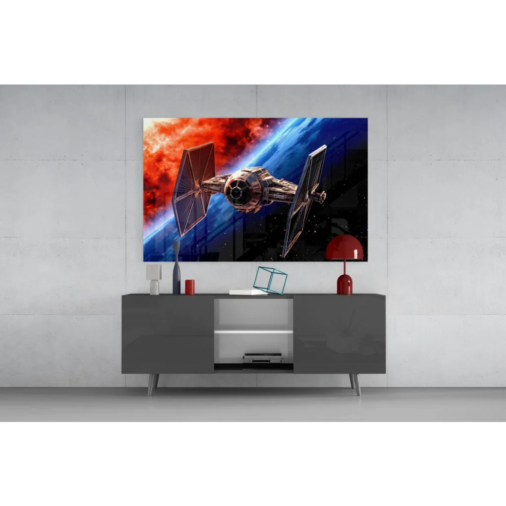 Sleek TIE Fighter glass wall art blasting through space nebula on canvas