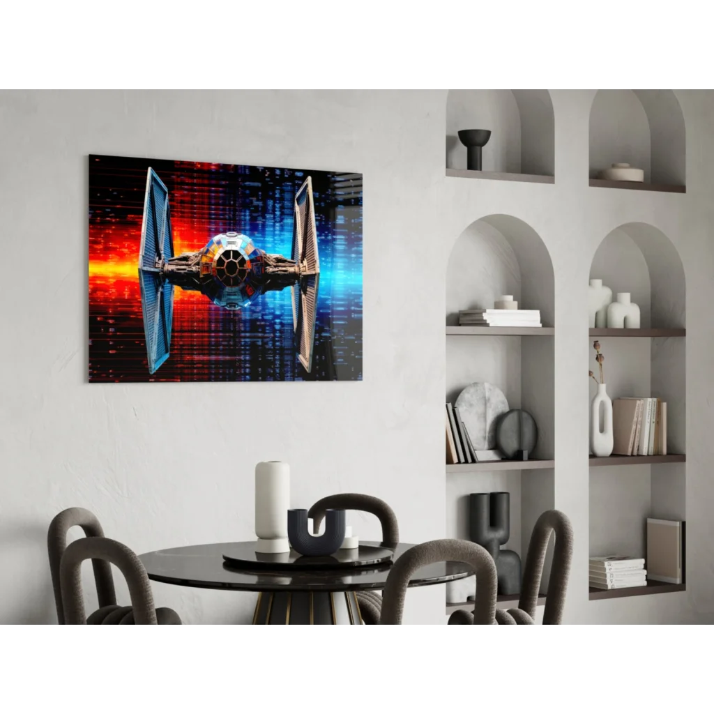 Star Wars TIE Fighter glass wall art with cosmic red blue neon glow