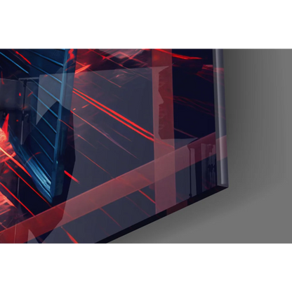 Sleek TIE Fighter glass wall art with glowing red blue neon lines