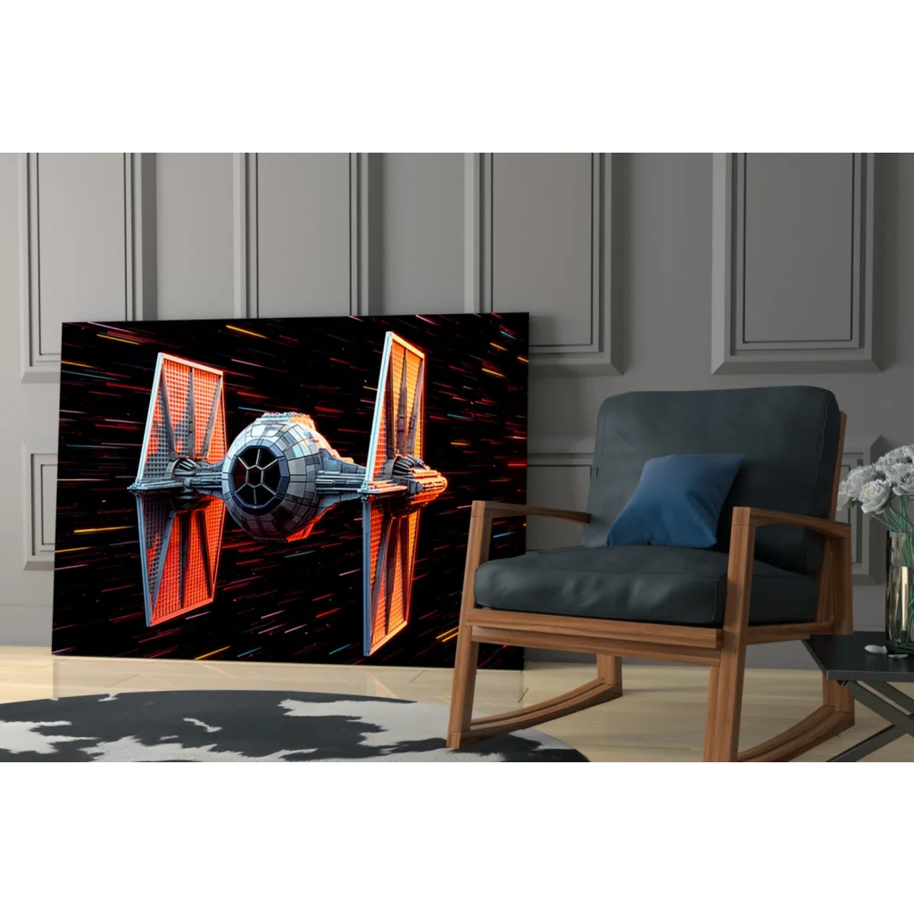 TIE Fighter glass wall art canvas print with glowing wings in motion