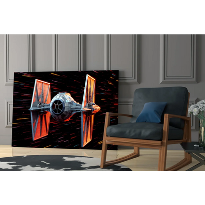 TIE Fighter glass wall art canvas print with glowing wings in motion