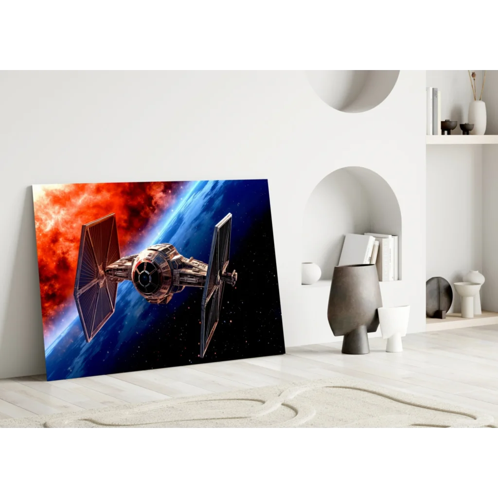 TIE Fighter glass wall art blasting through space nebula
