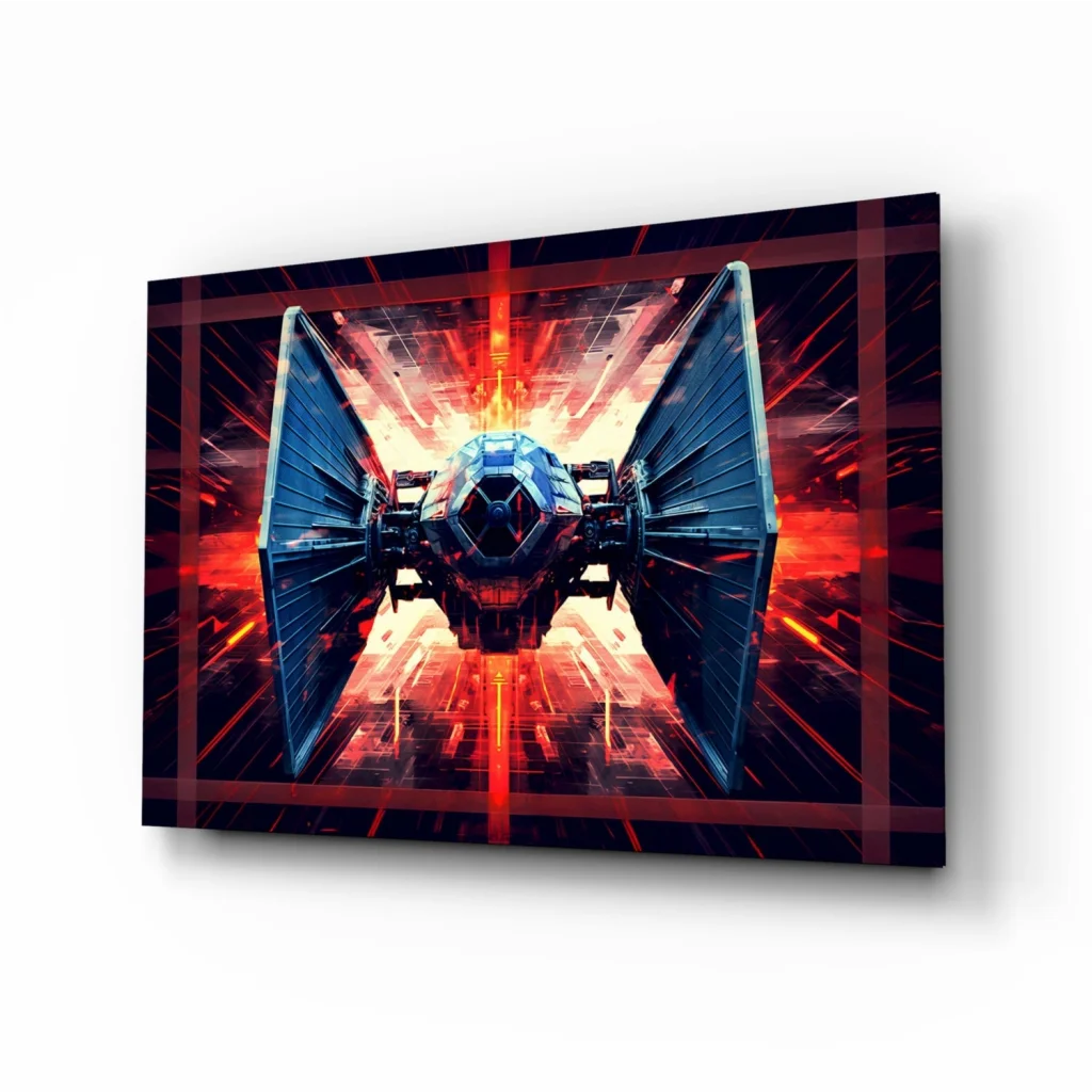 Sleek dark blue TIE Fighter glass wall art with epic red orange energy glow