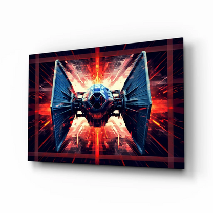 Sleek dark blue TIE Fighter glass wall art with epic red orange energy glow