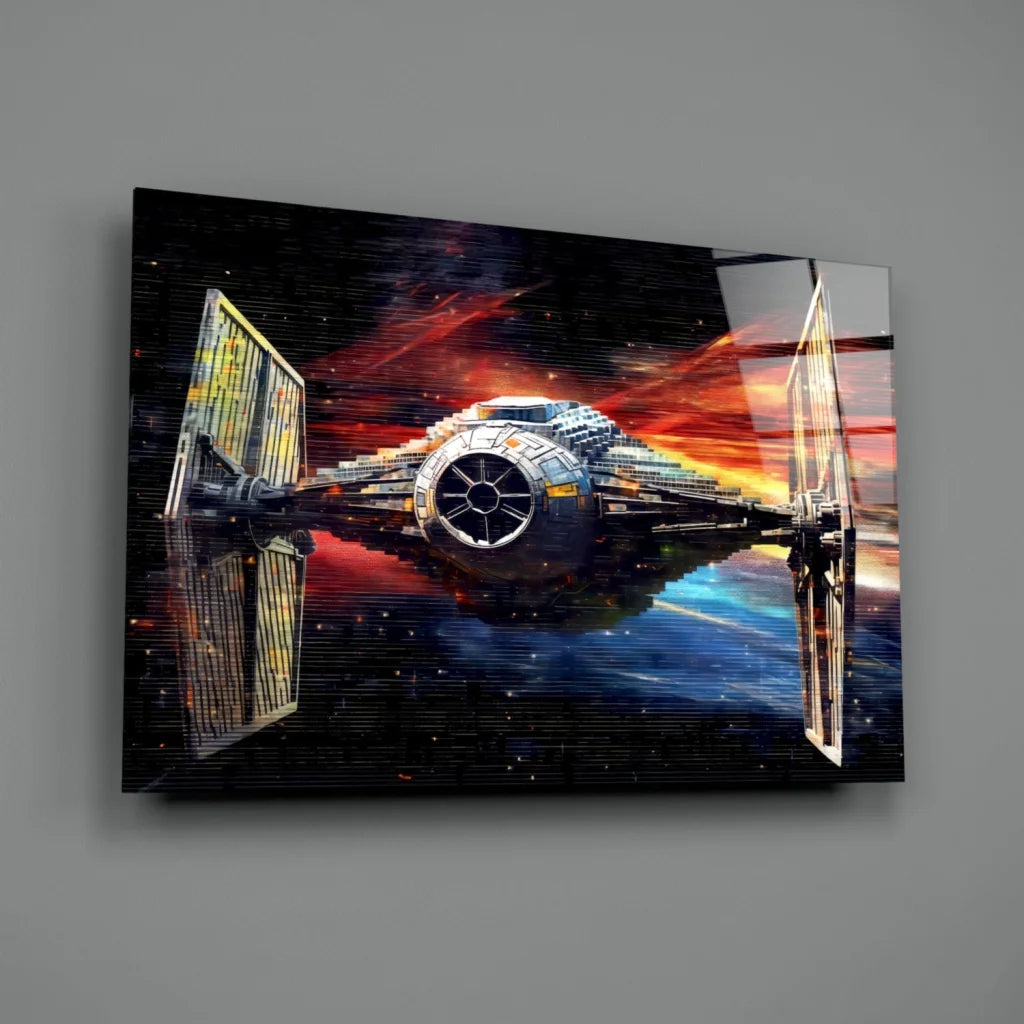 Sleek silver black TIE Fighter wall art in fiery cosmic battle