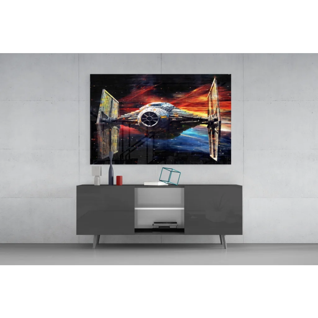 Vibrant Star Wars TIE Fighter wall art in fiery cosmic battle