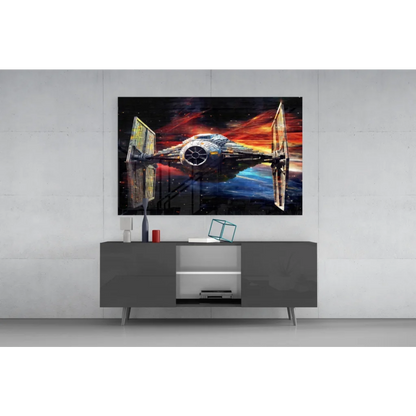 Vibrant Star Wars TIE Fighter wall art in fiery cosmic battle