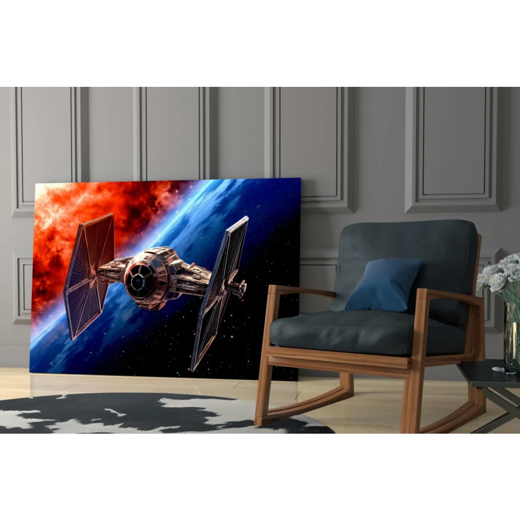 Vibrant TIE Fighter glass wall art blasting through space nebula