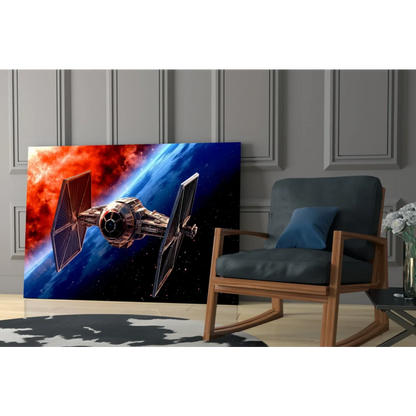 Vibrant TIE Fighter glass wall art blasting through space nebula
