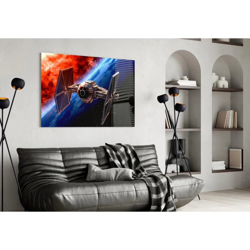 Vibrant TIE Fighter glass wall art blasting through fiery red nebula