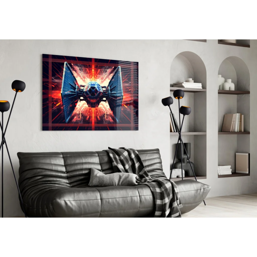 Vibrant TIE Fighter glass wall art with fiery red energy glow
