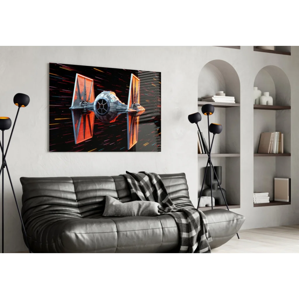 TIE Fighter Glass Wall Art Canvas Print with Glowing Wings | Contemporary Home Wall Art | vintageantiquesgifts.com