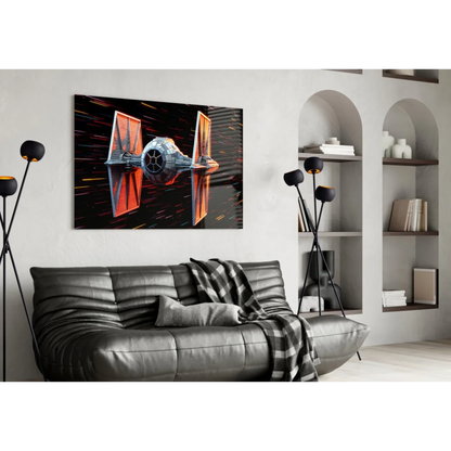 TIE Fighter Glass Wall Art Canvas Print with Glowing Wings | Contemporary Home Wall Art | vintageantiquesgifts.com