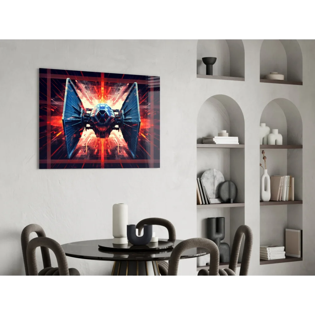 Sleek TIE Fighter glass wall art with black red canvas and orange energy glow
