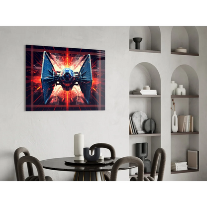 Sleek TIE Fighter glass wall art with black red canvas and orange energy glow
