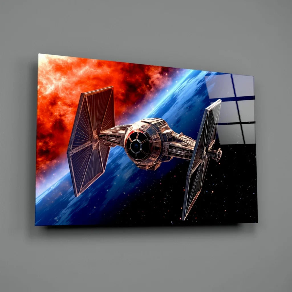 Sleek TIE Fighter glass wall art blasting through fiery red nebula