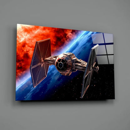 Sleek TIE Fighter glass wall art blasting through fiery red nebula