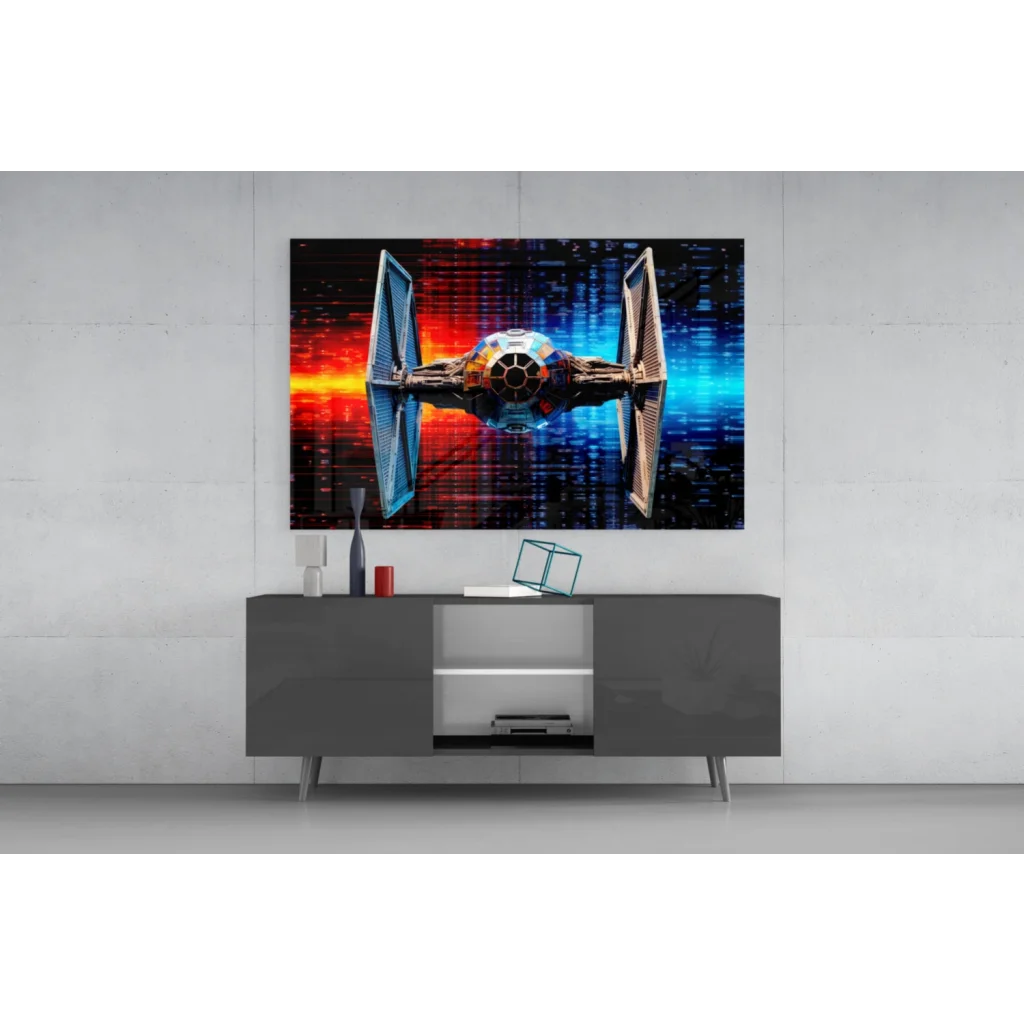 Star Wars TIE Fighter glass wall art with cosmic red blue glow