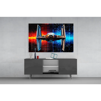 Star Wars TIE Fighter glass wall art with cosmic red blue glow