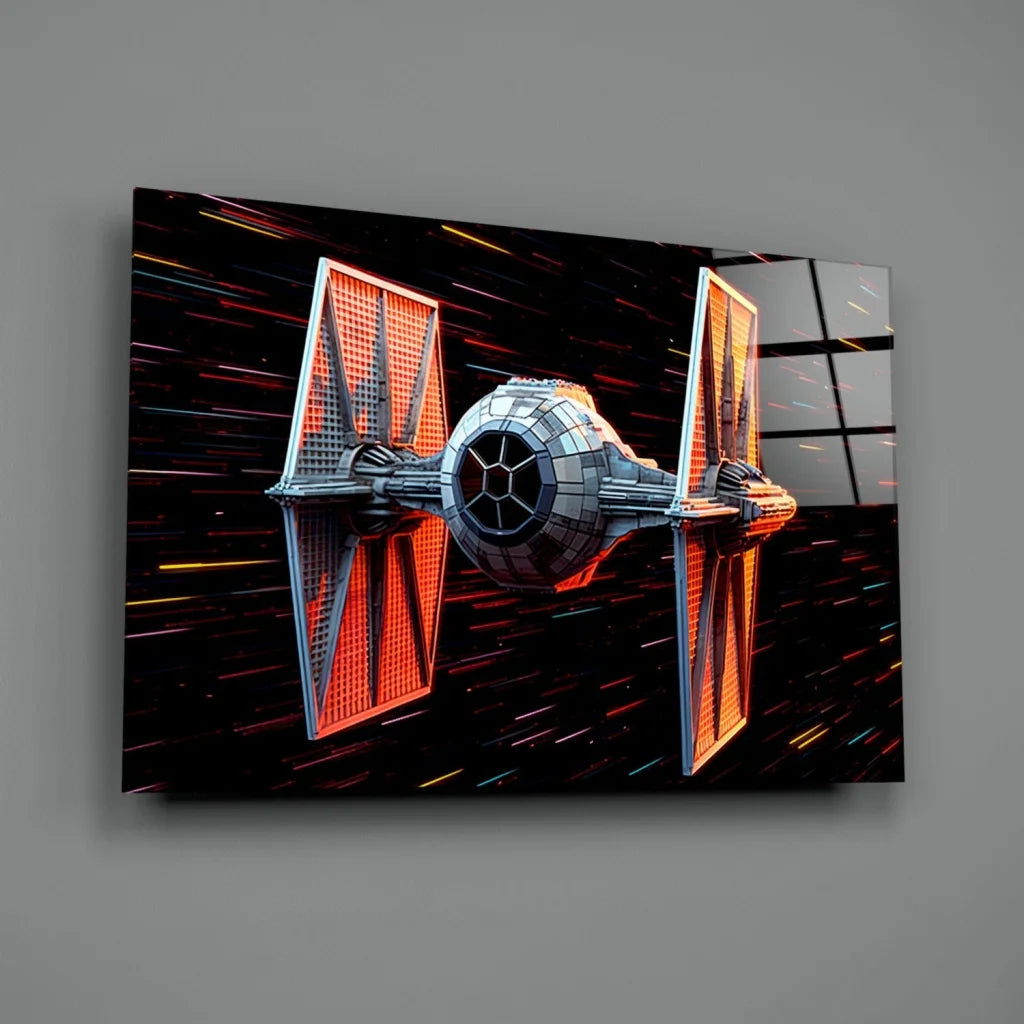 TIE Fighter Glass Wall Art Canvas Print with Glowing Wings | Glass Wall Art Print | vintageantiquesgifts.com