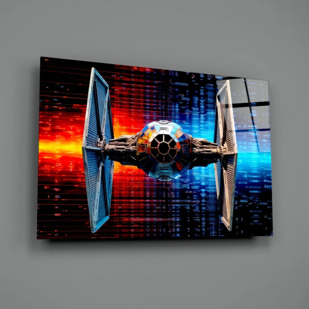 Star Wars TIE Fighter Glass Wall Art with Cosmic Red Blue Glow | Glass Wall Art Print | vintageantiquesgifts.com