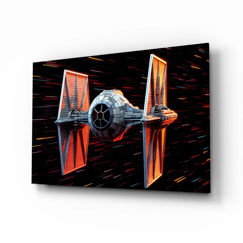 TIE Fighter Glass Wall Art Canvas Print with Glowing Wings | Insigneart USA | vintageantiquesgifts.com