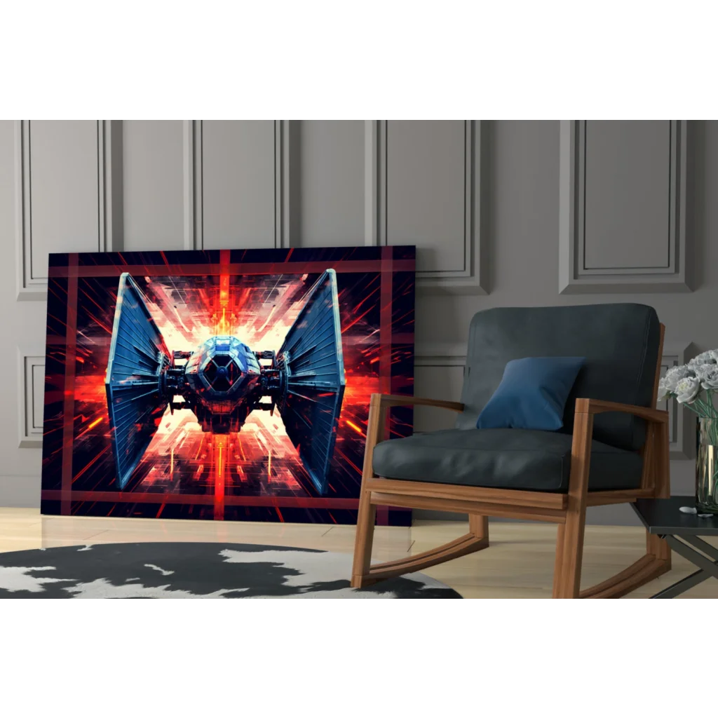Vibrant TIE Fighter glass wall art with red blue space battle glow