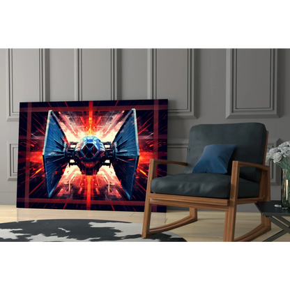 Vibrant TIE Fighter glass wall art with red blue space battle glow