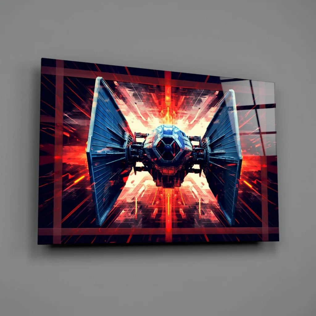 Sleek dark blue TIE Fighter glass wall art with epic red energy glow