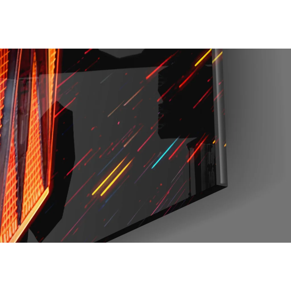 Sleek black TIE Fighter glass wall art with glowing orange-red wings