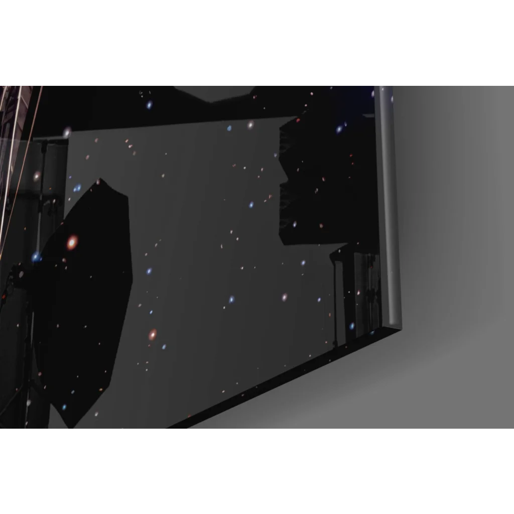 Black reflective telescope mirror in TIE Fighter glass wall art nebula