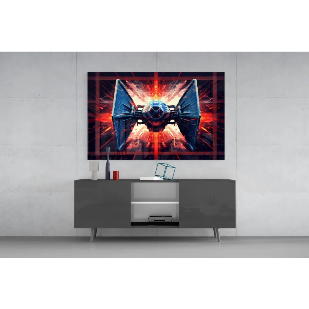 Vibrant TIE Fighter glass wall art with blue red glow on black console