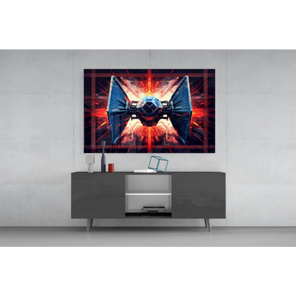Vibrant TIE Fighter glass wall art with blue red glow on black console
