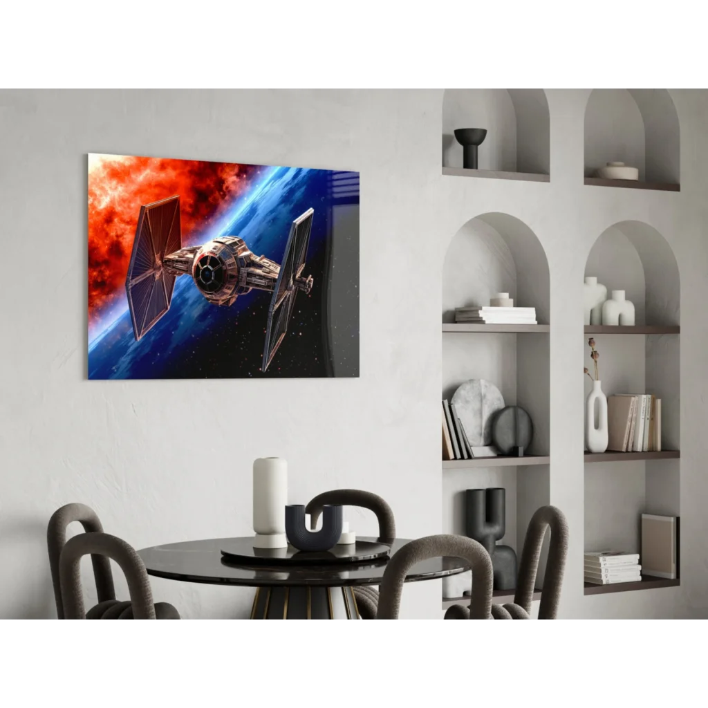 Vibrant TIE Fighter glass wall art blasting through fiery red nebula
