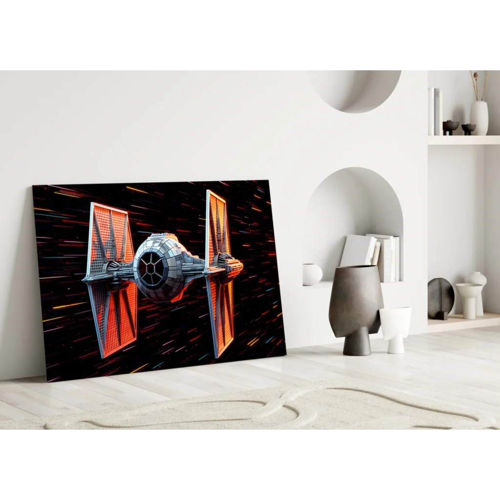 TIE Fighter Glass Wall Art Canvas Print with Glowing Wings | Modern Wall Art Decor | vintageantiquesgifts.com