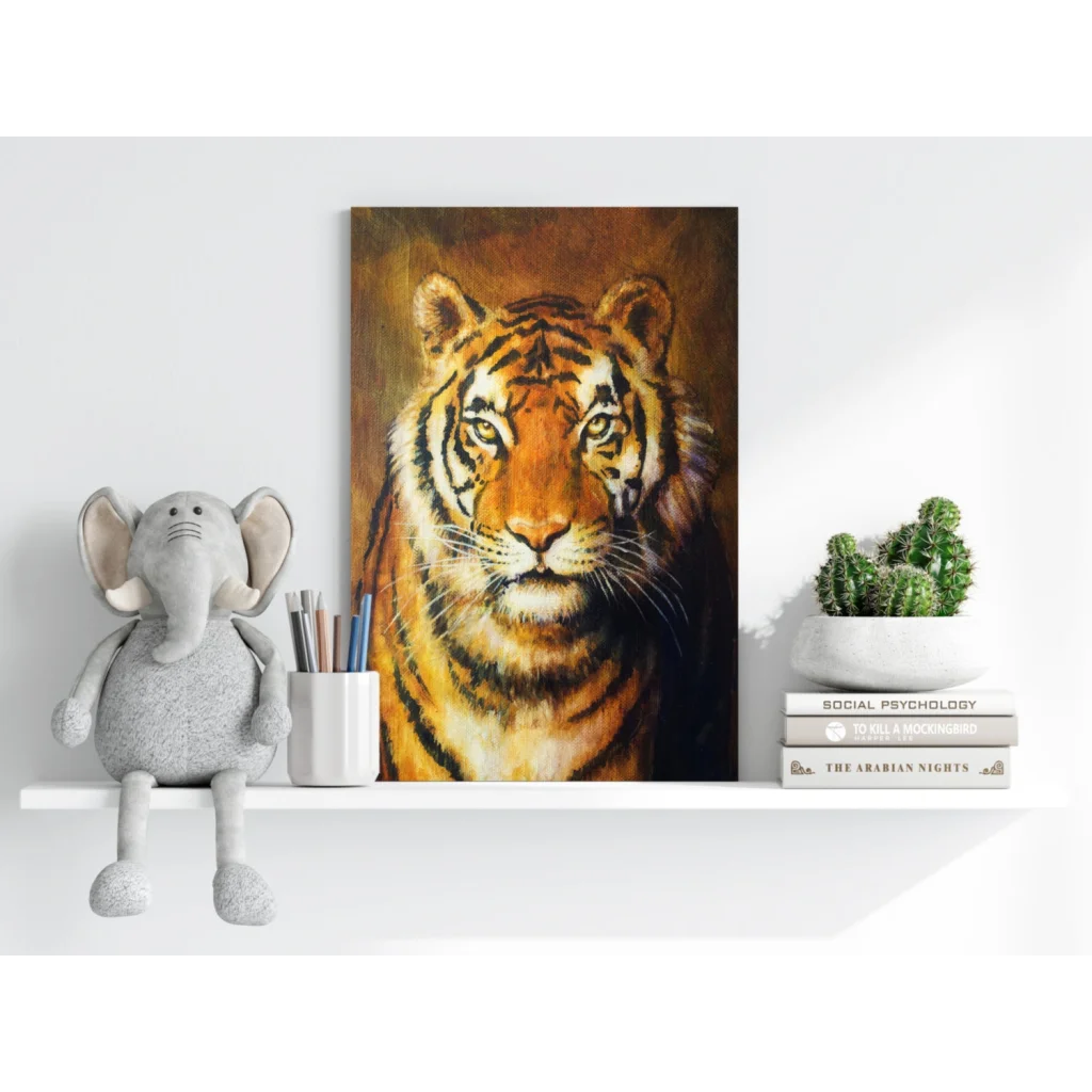 Vibrant orange black tiger portrait on Insigne aluminum print for bold decor