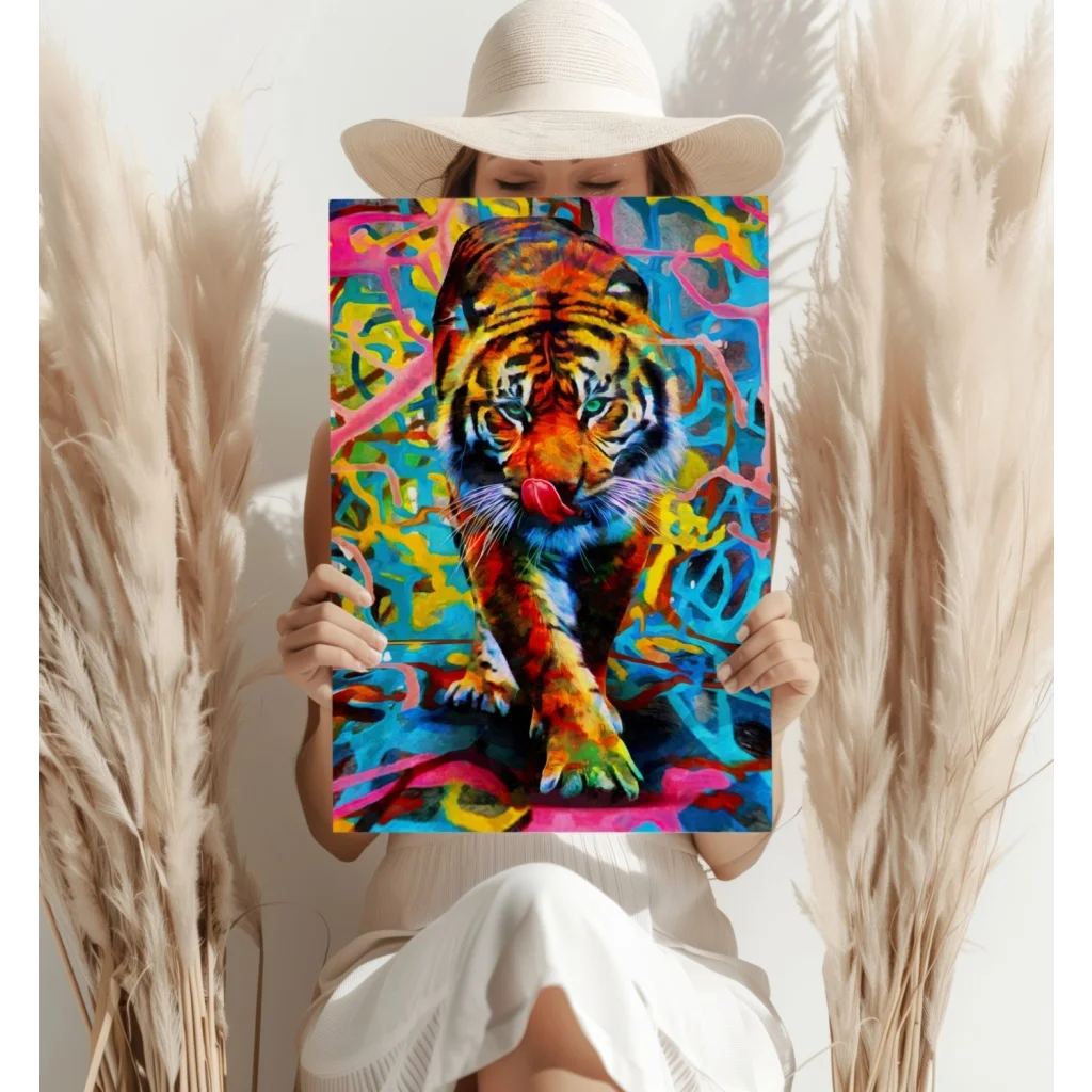 Vibrant abstract tiger on insigne aluminum prints pop art wall decor