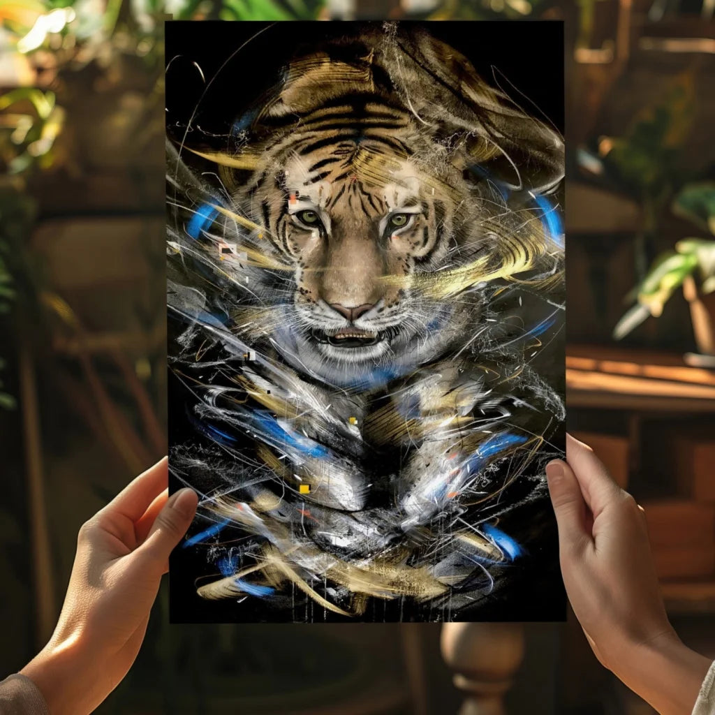 Fierce tiger in Insigne aluminum prints with abstract streaks