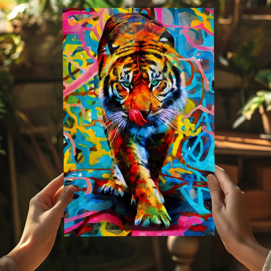 Vibrant abstract tiger on insigne aluminum prints pop art wall decor