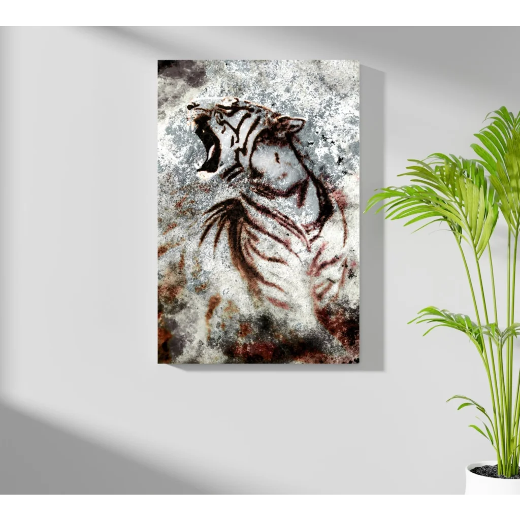 Stylized white tiger on Insigne Aluminum Print with gray red background