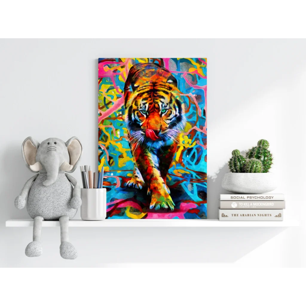 Vibrant psychedelic tiger on insigne aluminum prints pop art wall decor