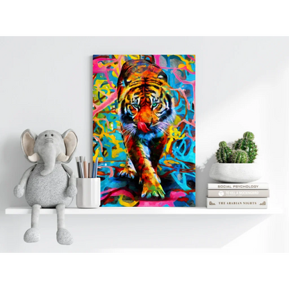 Vibrant psychedelic tiger on insigne aluminum prints pop art wall decor
