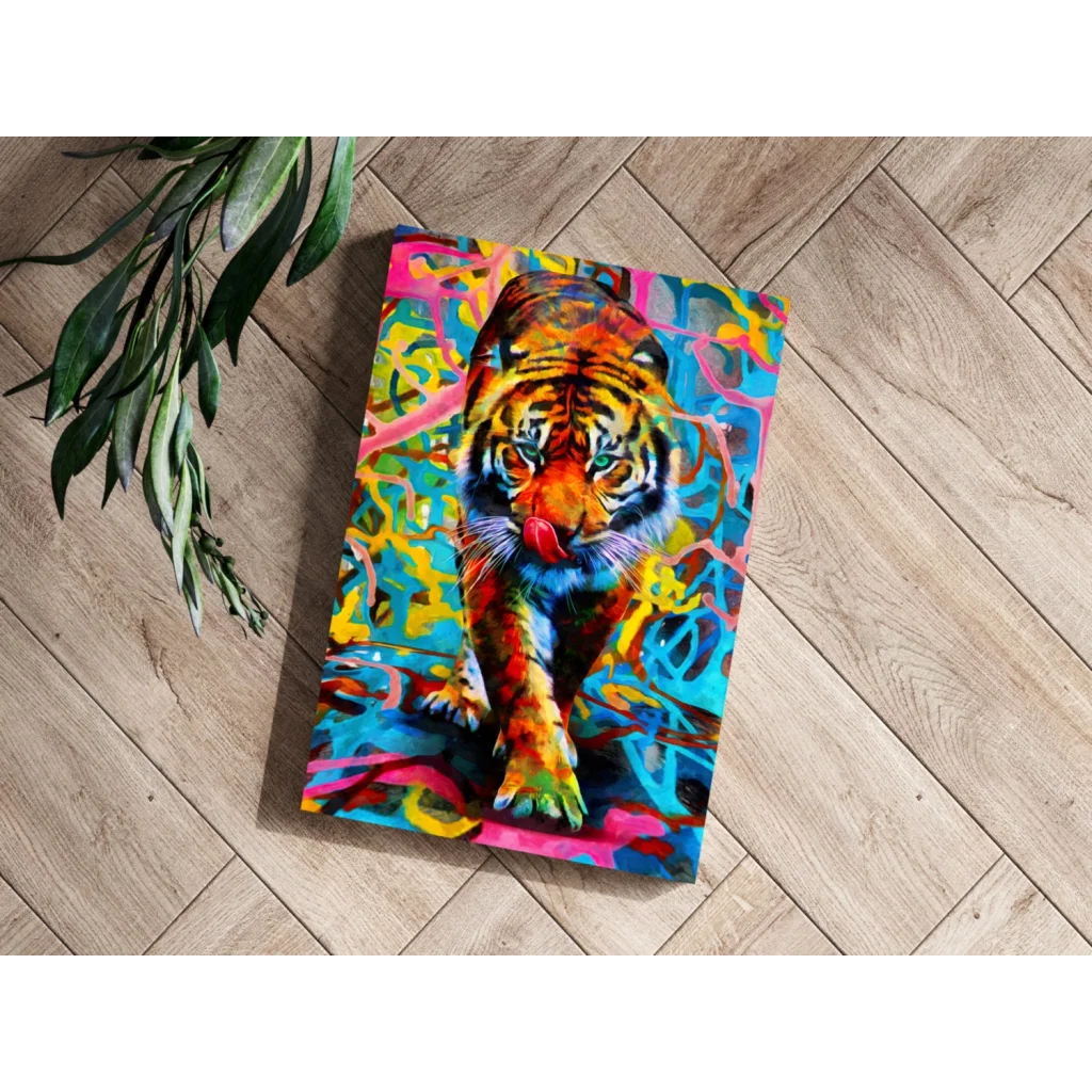 Bold orange black tiger with green eyes on psychedelic swirls insigne aluminum print