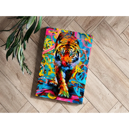 Bold orange black tiger with green eyes on psychedelic swirls insigne aluminum print